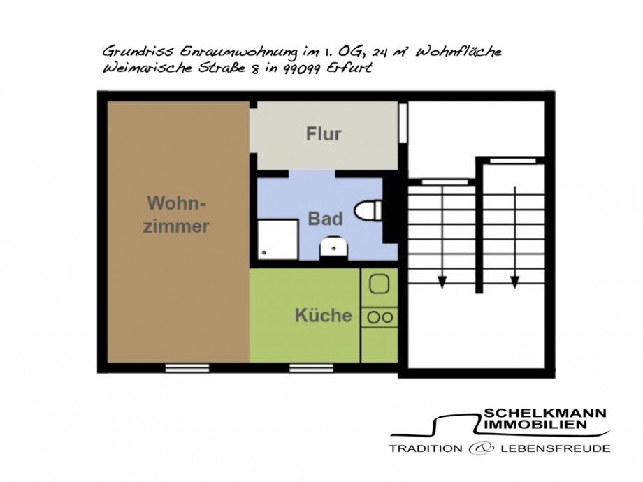 Grundriss Einraumwohnung mit EBK Etagenwohnung Erfurt